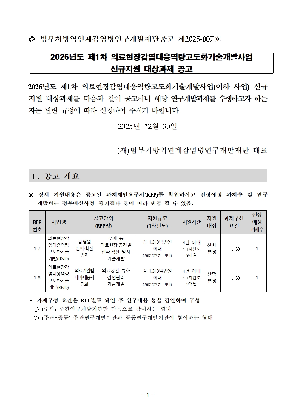 1. 2026년도 제1차 의료현장감염대응역량고도화기술개발사업 신규지원 대상과제 공고문_251230001.jpg